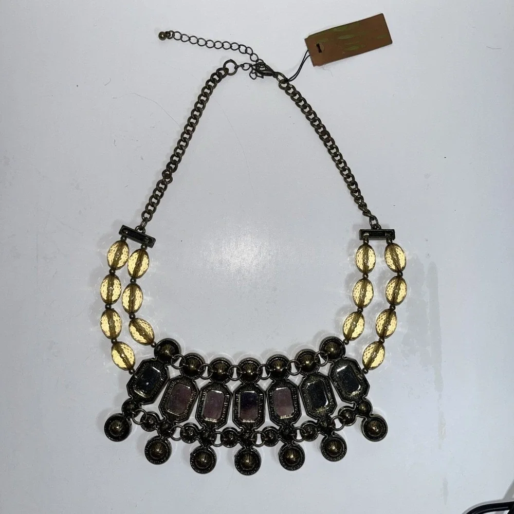 Statement Necklace Faceted Beads Chunky Gems Bib Chain Fashion Jewelry Gold Tone